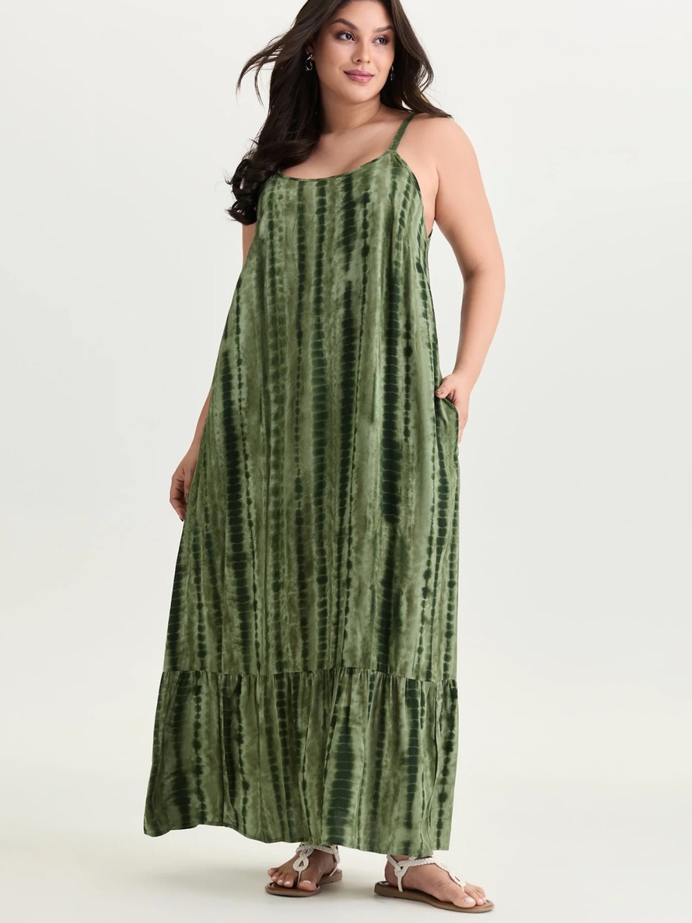 New BloomChic Tie-Dye Effect Cami Maxi Pocketed Open Back Dress Army Green $30
